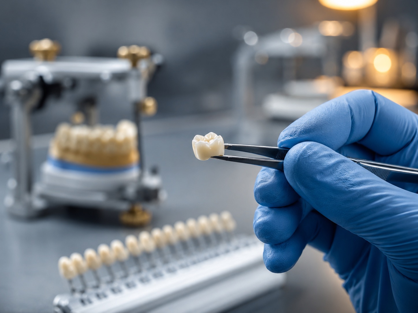 Зубной техник держит пинцетом готовую циркониевую коронку — в зуботехнической лаборатории клиники «Жуйкан»